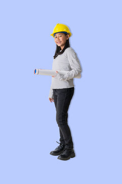 Smiling young girl wearing a yellow safety helmet holds rolled blueprints, representing creativity, planning, and future careers in engineering and construction. Transparent background