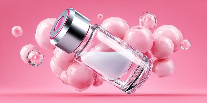 Luxury cosmetic serum vial with pink spheres and bubbles on a pink background
