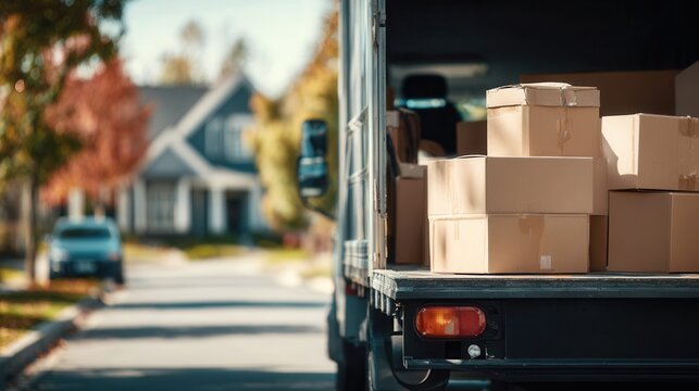 Moving truck loaded with cardboard boxes parked on a suburban street during autumn