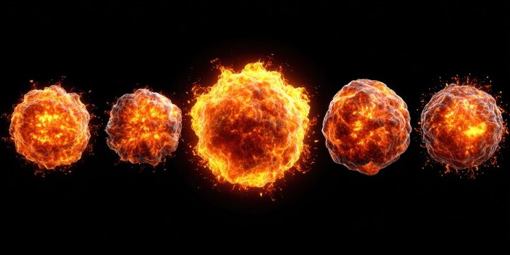 Five fiery plasma spheres exploding with intense heat and energy against a black background
