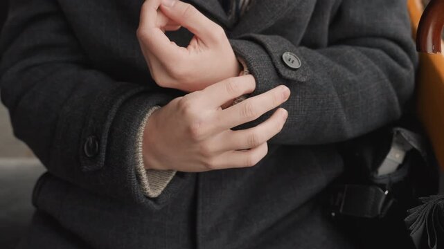 Closeup hands creator adjusting cuff, fidgeting with fingers and buttons microgestures include clasping, rubbing, interlacing as if planning next project wool coat texture, muted tones, seated