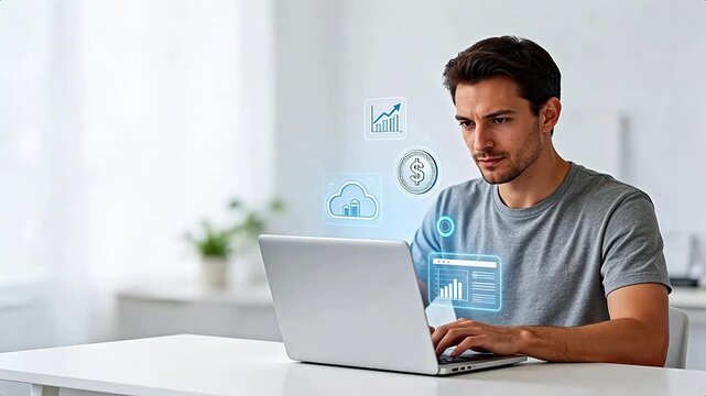 Man working on laptop with digital icons