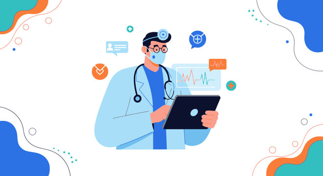 Doctor wearing a mask analyzes digital health data and vital signs displayed on a futuristic tablet device in a modern clinical environment.