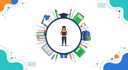 Fototapeta premium Student surrounded by academic supplies represents the comprehensive concept of focused learning and educational achievement.