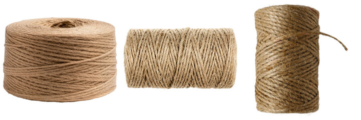 Natural jute twine spools, essential for crafting, gift packaging, and rustic decor, isolated on transparent background. © Ali