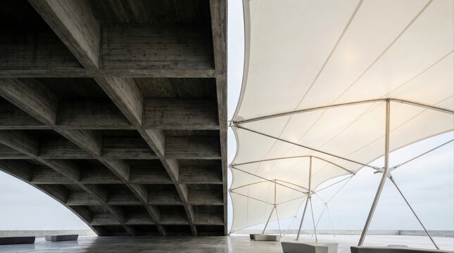 Striking Architectural Contrast: Heavy Brutalist Concrete Waffle Slab Meets Light Tensile Fabric Structures