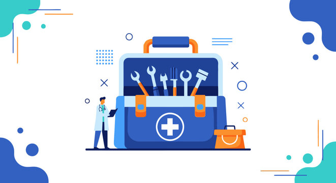 Doctor stands beside an open blue medical toolkit containing various essential repair and maintenance instruments for healthcare services.