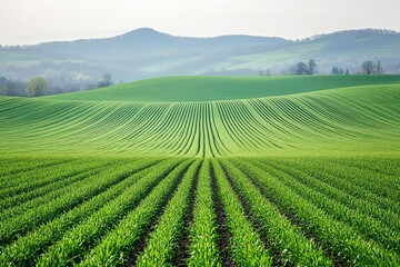 Naklejka premium Vibrant Agricultural Landscape with Rolling Hills, Lush Green Fields, and a Clear Blue Sky in Spring