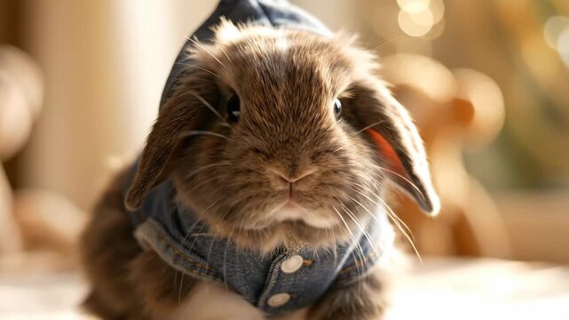 Cute brown rabbit in blue outfit.