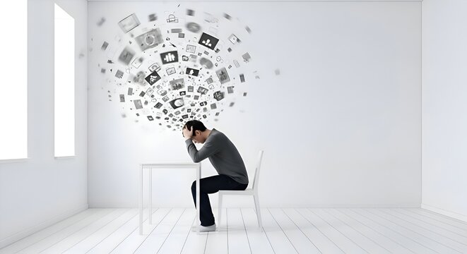 overwhelmed businessman with thoughts floating above.