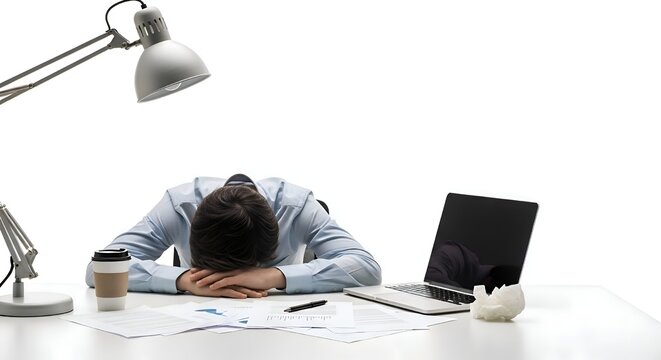 Man feeling stressed at office desk.