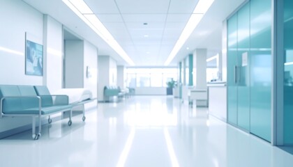 Obraz premium A brightly lit hospital corridor with benches and glass doors