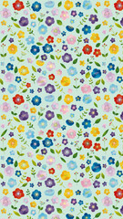 Obraz premium 北欧風 かわいい水彩タッチのアネモネや小花・葉っぱのパターン 縦(9:16) Watercolor flower Series:A cute, Scandinavian-style pattern of anemones, small flowers, and leaves(vertical)