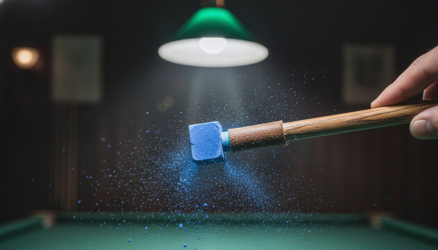 Chalking snooker cue leather tip with flying blue dust particles
