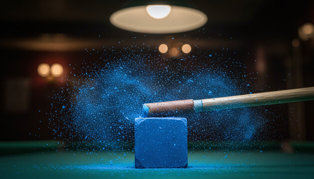 Chalking snooker cue leather tip with flying blue dust particles