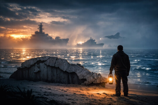 Cuban coastline geopolitical tension scene with cracked concrete barrier shaped like Cuba, lone figure with lantern facing distant military silhouettes and looming metallic horizon