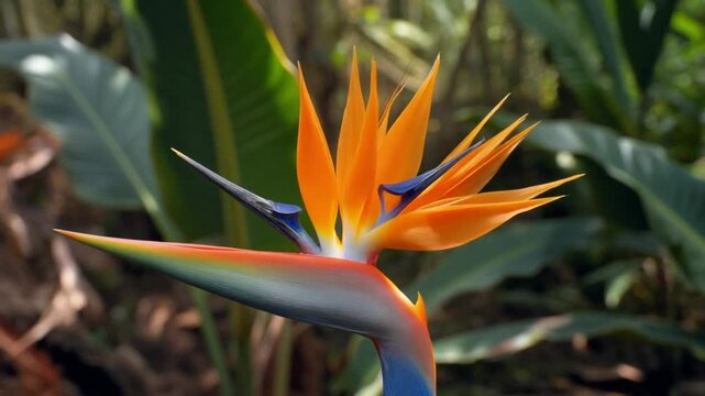 Close-up of vibrant orange bird of paradise flower in tropical garden