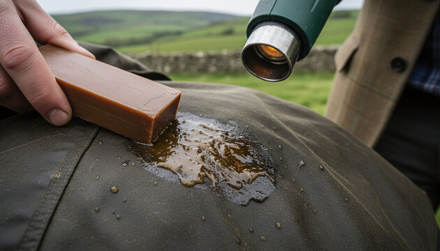 Reproofing heritage waxed cotton jacket melting wax into green canvas