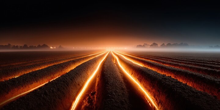 Surreal glowing furrows in a dark field under an orange and blue twilight sky