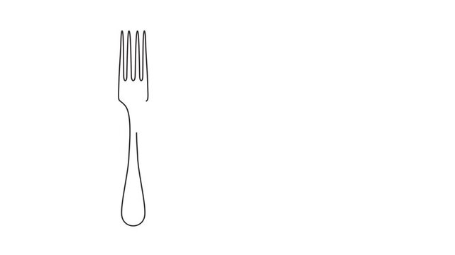 Animated self drawing of continuous line draw of fork, knife, heart, Cooked with love.   Full length one line animation. 4K	