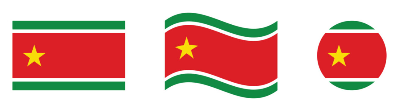Suriname Flag Vector Set National Flag of Suriname in Flat, Waving, and Circle Shapes Isolated on White Background.