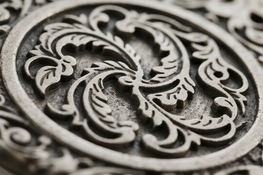 Close-up of an ornate metallic circular design with intricate floral and scroll patterns