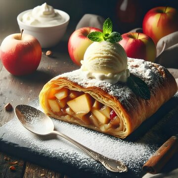 K&ouml;stlicher warmer Apfelstrudel mit einer Kugel Vanilleis und Minze.