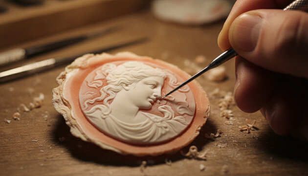 Artisan carving traditional Italian shell cameo jewelry with steel graver
