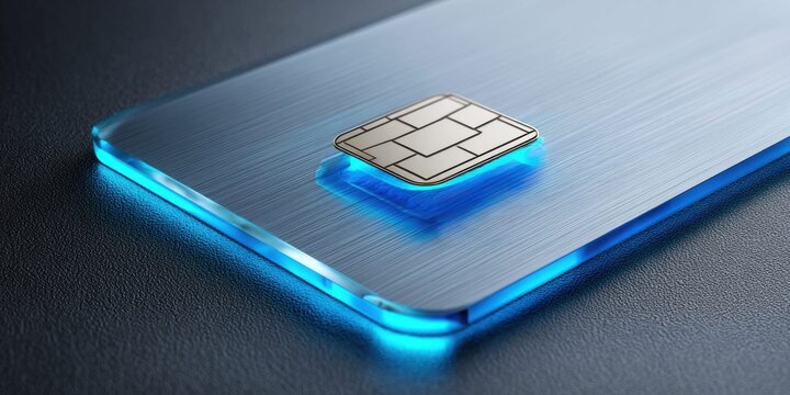 Close-up of a futuristic SIM card with glowing blue light on a metallic surface