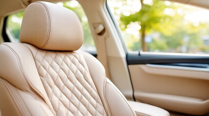Fototapeta premium Luxurious beige leather car seat interior, perfect for showcasing comfort and design.