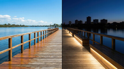Obraz premium Wooden pier with benches by water contrasting day and night