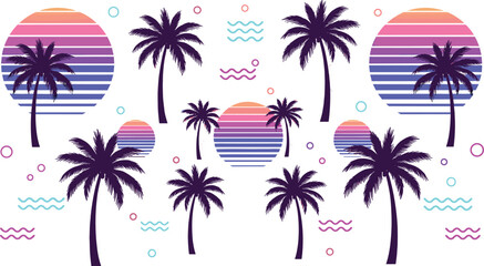 Retro tropical palm trees with neon gradient sunset circles and abstract shapes summer beach vector illustration set © Honey!