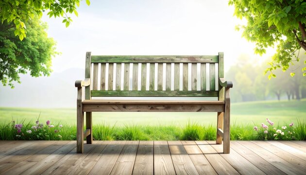Weathered Wooden Park Bench Bathed In Golden Sunlight On A Wooden Deck With Lush Greenery