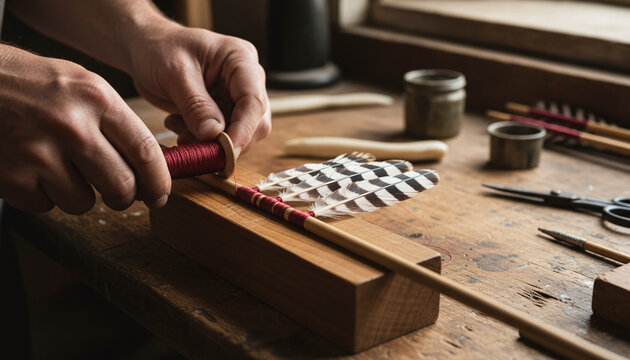 Traditional archery arrow fletching with red silk thread and striped feathers