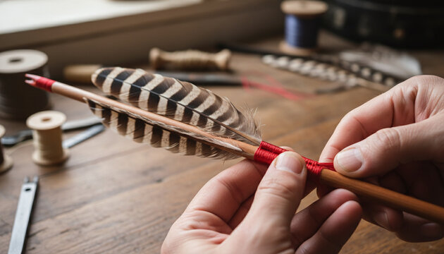 Traditional archery arrow fletching with red silk thread and striped feathers