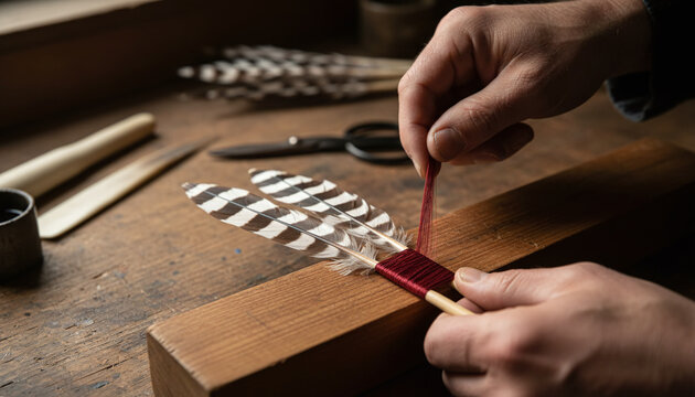 Traditional archery arrow fletching with red silk thread and striped feathers