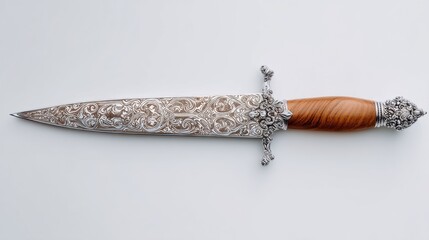 Ornate dagger with floral engraving on metal blade and wooden handle. Luxury historical weapon with silver decorative hilt. Antique style collector item for medieval display theme.