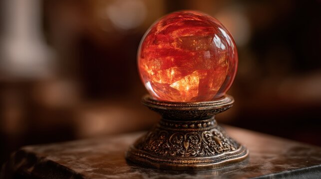 Glowing red crystal ball on ornate metal stand. Divination sphere used for fortune telling and magic ritual. Mystical object for prophecy, oracle reading and supernatural spiritual theme.