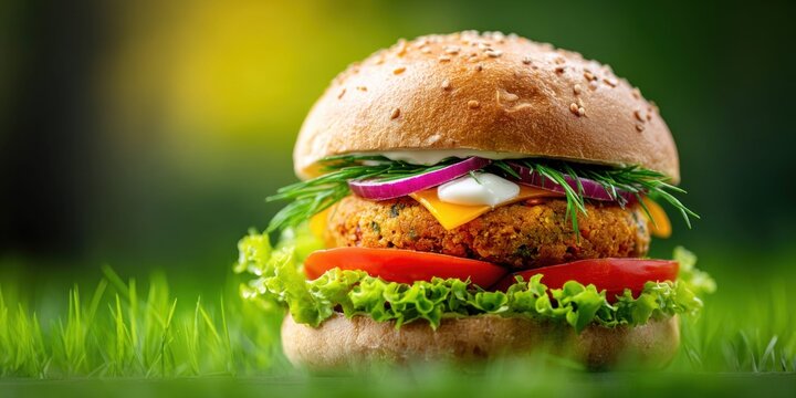 Delicious vegetarian burger with fresh ingredients on a bed of green grass