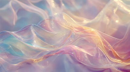 Fototapeta premium Abstract background with flowing iridescent fabric waves. Soft silk texture with holographic light reflection. Futuristic fluid motion design for commercial banner and trendy project.