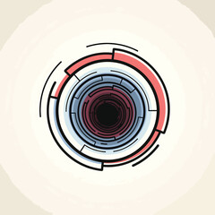 Fototapeta premium A geometric abstract illustration with a central, dark vortex surrounded by concentric rings in shades of red, blue, black, and white. The background has a textured, off-white appearance