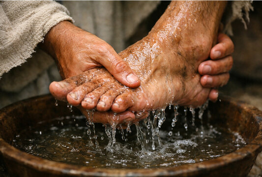Jesus Washing Disciples Feet. Maundy Thursday Humility Christian Biblical Scene