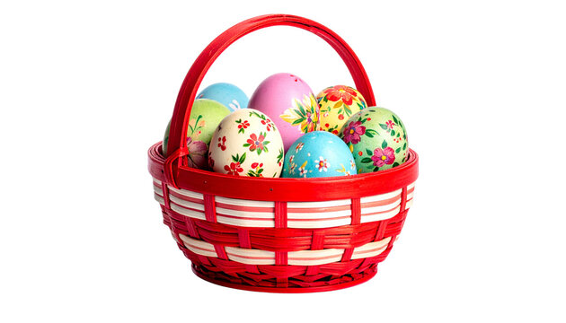 Easter eggs in a red designed basket, isolated on transparent background