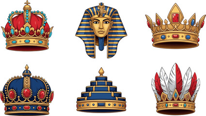 Fototapeta premium Royal crowns and ancient Egyptian pharaoh mask collection with golden jeweled tiaras ceremonial headpieces vector illustration set isolated