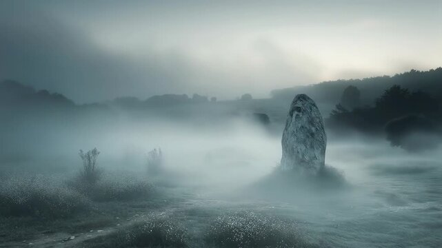 Ancient standing stone shrouded in thick mist. Foggy landscape with megalith amid hills and bushes. Atmospheric nature scene evoking mystery and serenity in wilderness.