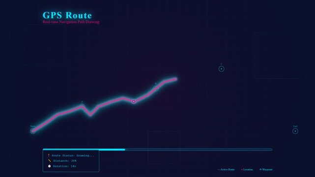 Futuristic glowing GPS route displays progress on a digital screen against a dark background