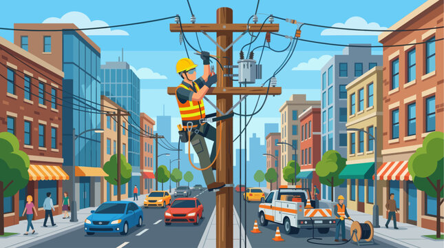 A flat illustration of an electrician working on utility pole with a city background, showing buildings, cars and people on the street.