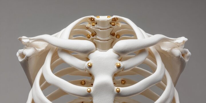 Detailed anatomical model of the human rib cage with gold screws and clavicles