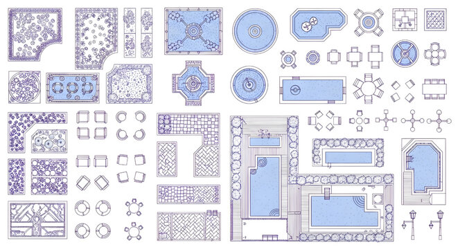 Grand Hotel Outdoor Architectural Blueprint Vector Icon Set &ndash; Top View Landscape Layout Multiview Purple Outline
