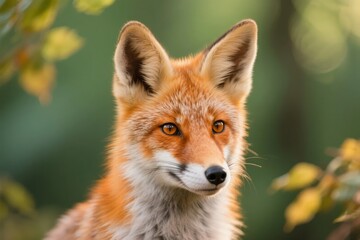 Obraz premium Close-up of a red fox with alert expression in a natural forest setting